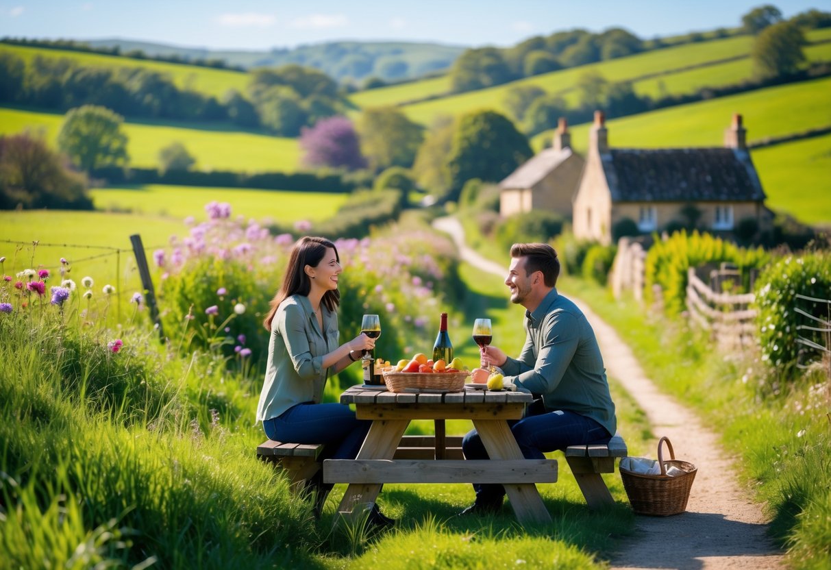 A couple enjoying a picnic together outdoors in a green countryside setting with hills and wildflowers.
