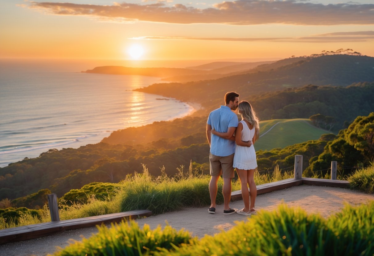 A couple standing together at a scenic lookout watching a colorful sunset over hills and coastline.