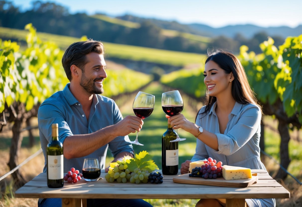 A couple enjoying wine tasting at a vineyard, sitting at a wooden table surrounded by grapevines on a sunny day.