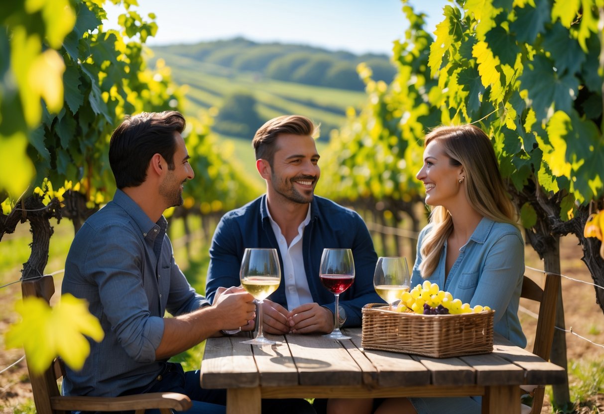 A couple enjoying wine tasting at a vineyard table surrounded by grapevines and rolling hills.
