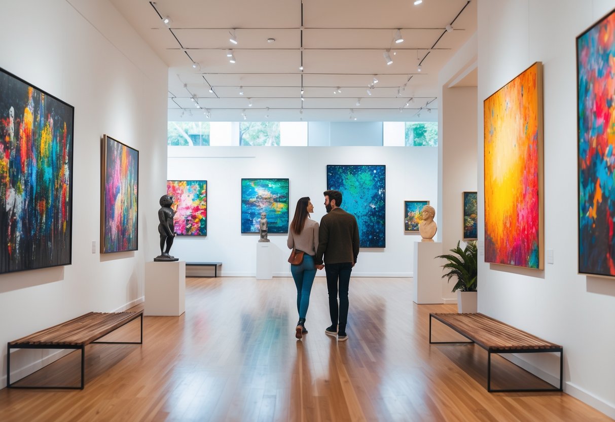 A young couple exploring artwork in a bright, modern art gallery with paintings and sculptures on display.
