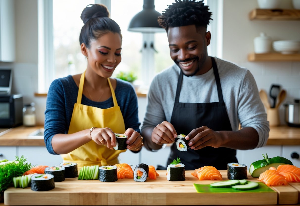 A couple making sushi together in a bright kitchen, smiling and preparing sushi rolls on a wooden countertop.