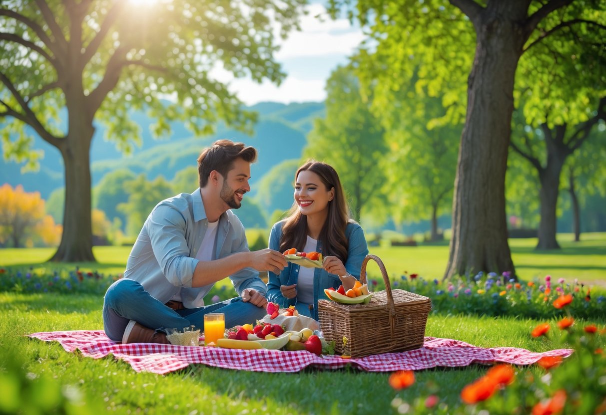 A young couple enjoying a picnic on a blanket in a green park surrounded by trees and flowers on a sunny day.
