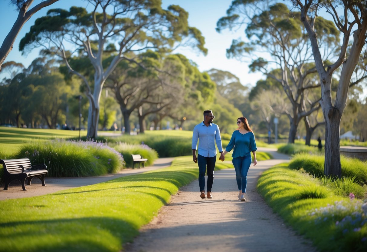 A couple walking along a trail surrounded by green grass and trees in Eastern Park, Geelong.