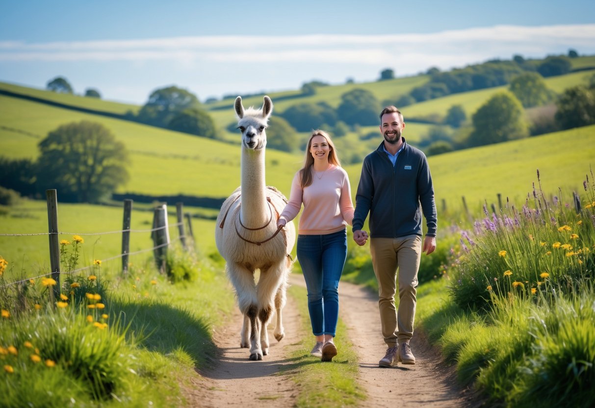 A person walking with a llama along a green countryside path with hills and trees in the background.