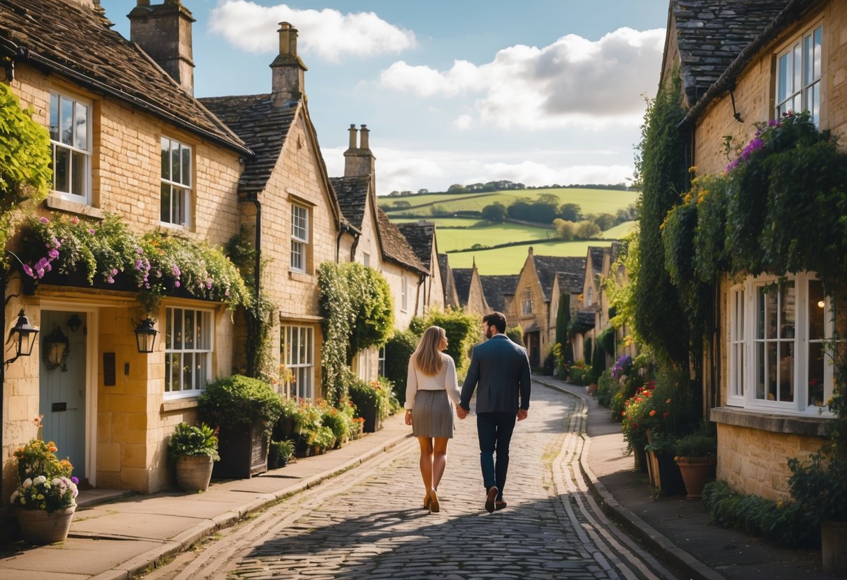 A couple walking hand-in-hand down a cobblestone street lined with stone cottages and flowers in a village surrounded by green hills.