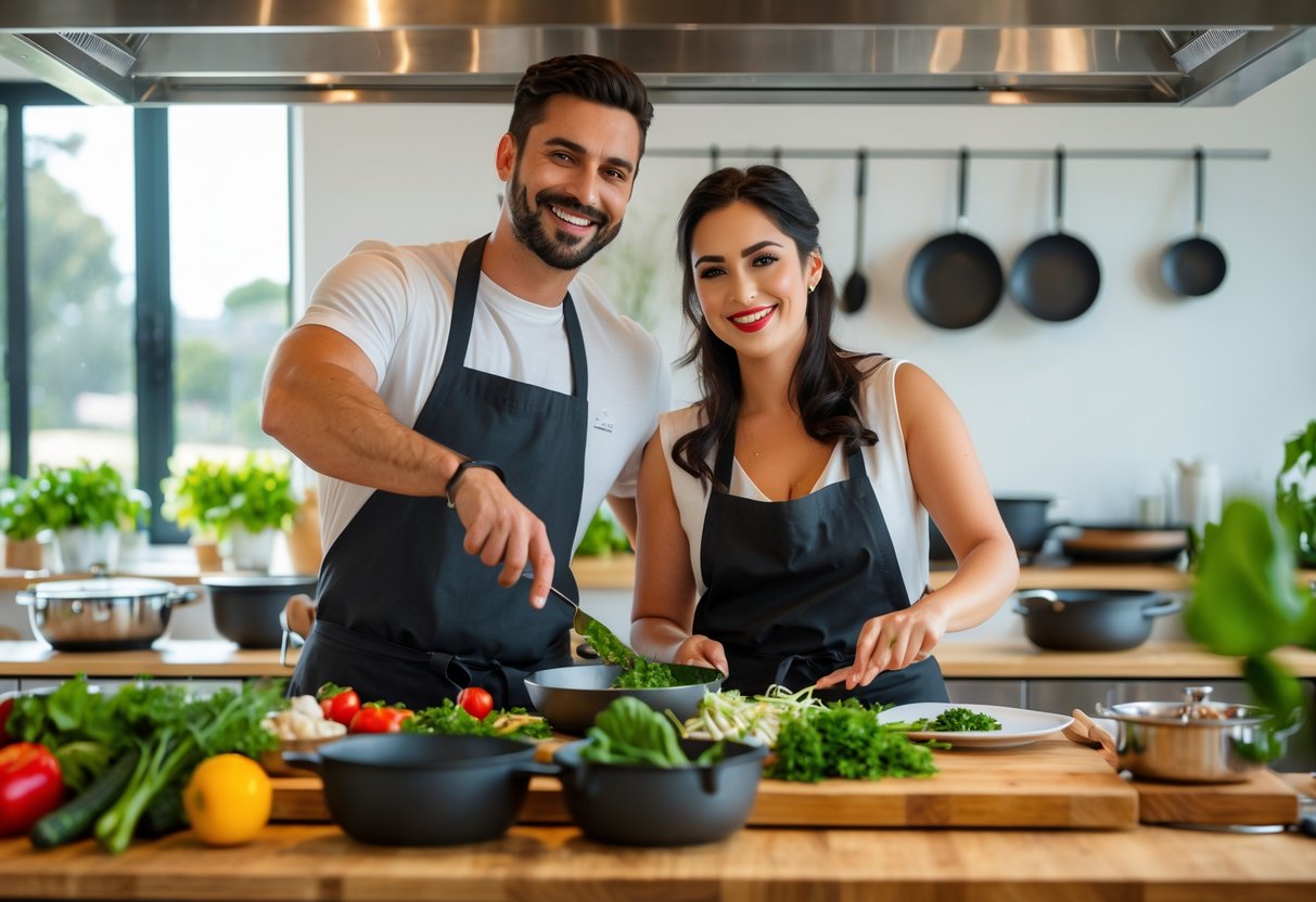 A couple smiling and cooking together in a bright kitchen during a cooking class.