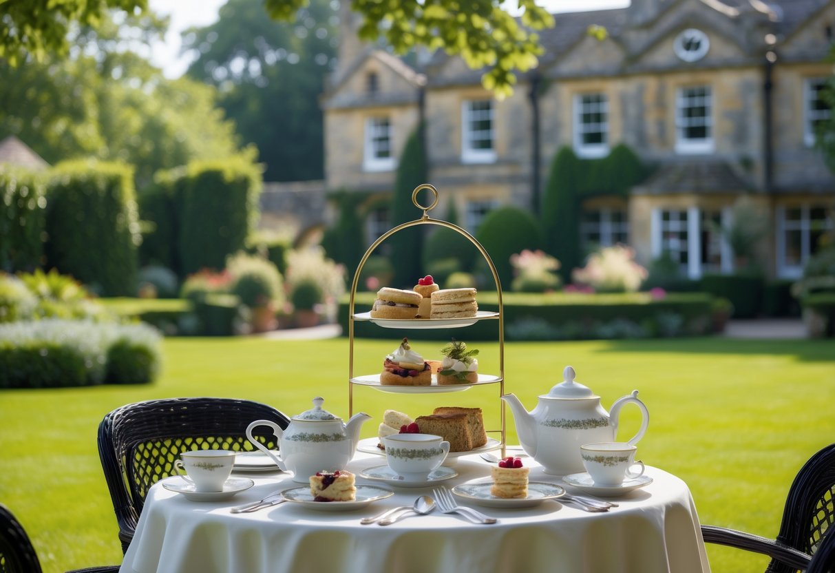 An outdoor table set with afternoon tea including teapot, cups, sandwiches, scones, and pastries on a lawn with greenery and a historic stone building in the background.