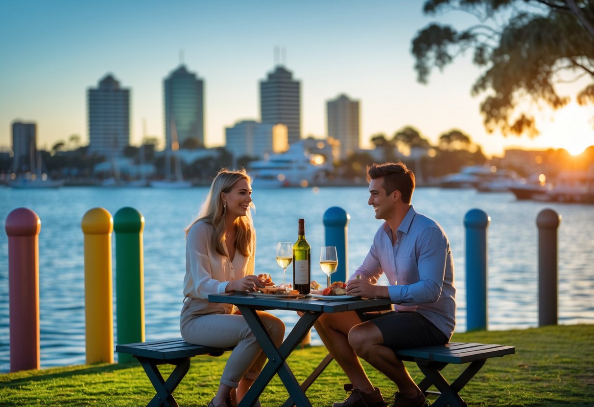 A young couple enjoying a romantic picnic by the waterfront in Geelong with colorful bollards and calm water in the background.