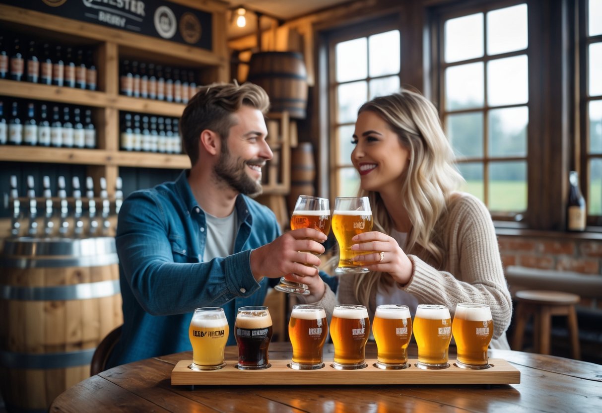 A couple sitting at a wooden table tasting craft beers together inside a brewery.