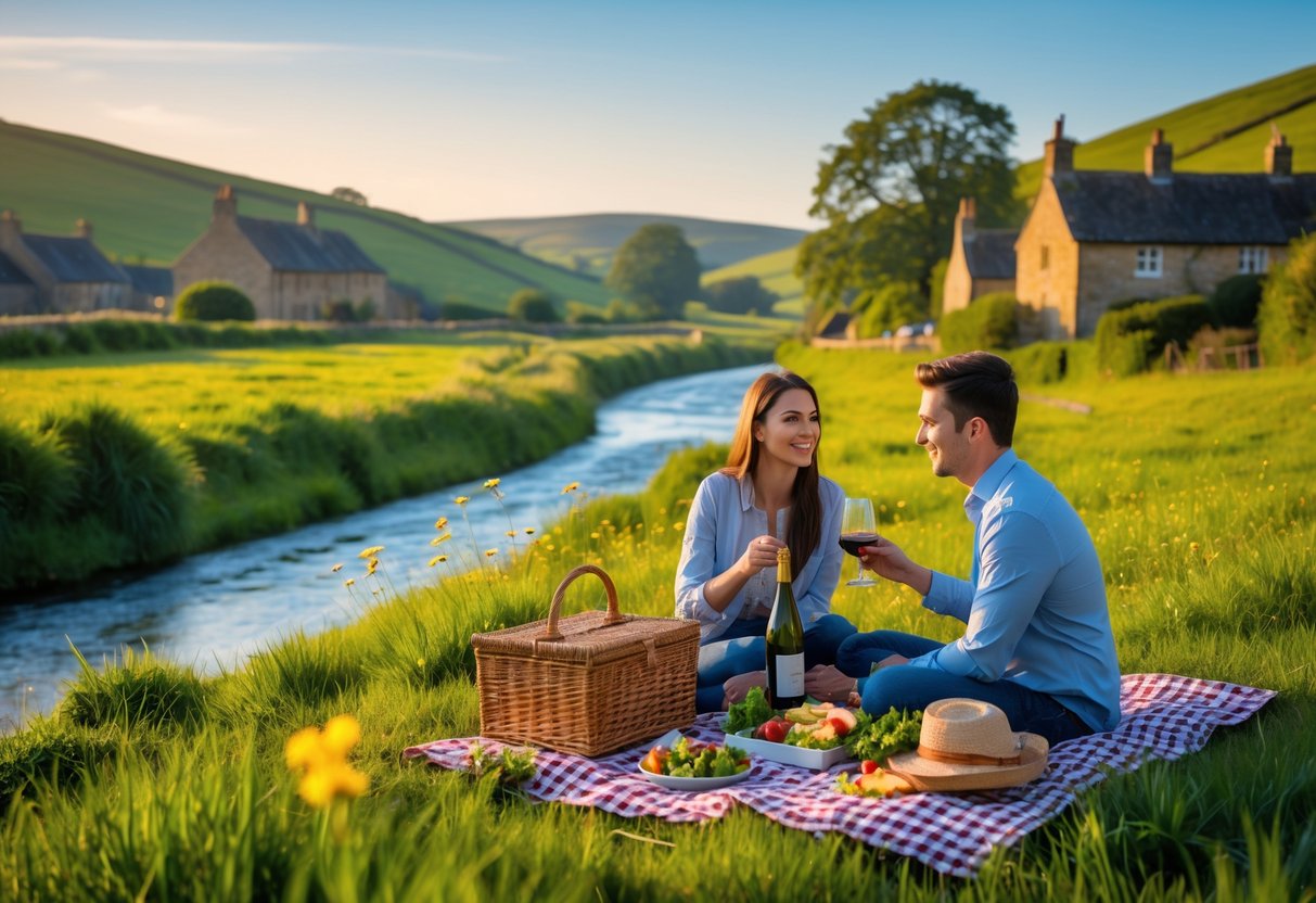 A young couple having a picnic by a river in a green countryside with hills and stone cottages in the background.