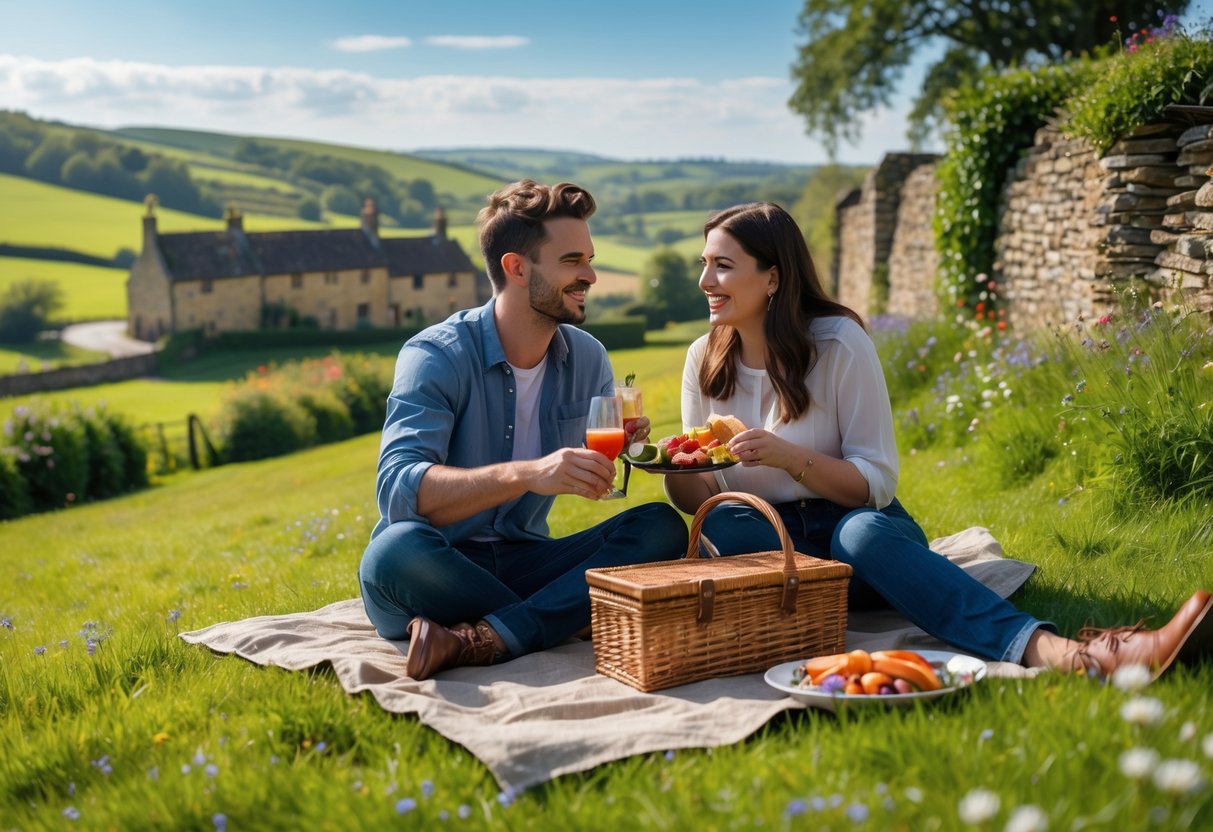 A young couple having a picnic on green grass in the countryside with hills and a village in the background.