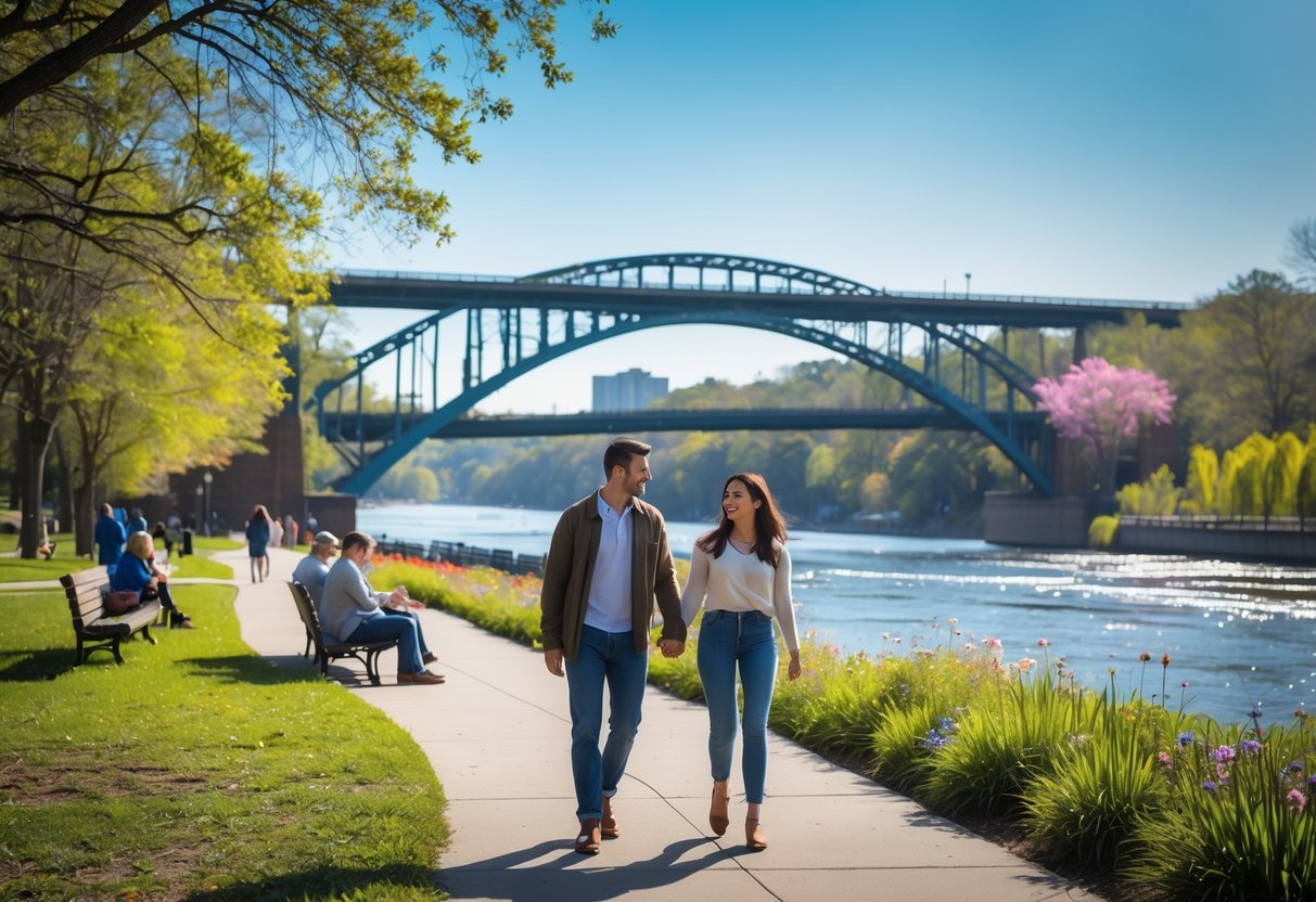 A young couple walking hand in hand along a scenic park pathway with a river and a curved pedestrian bridge in the background, surrounded by greenery and flowers.