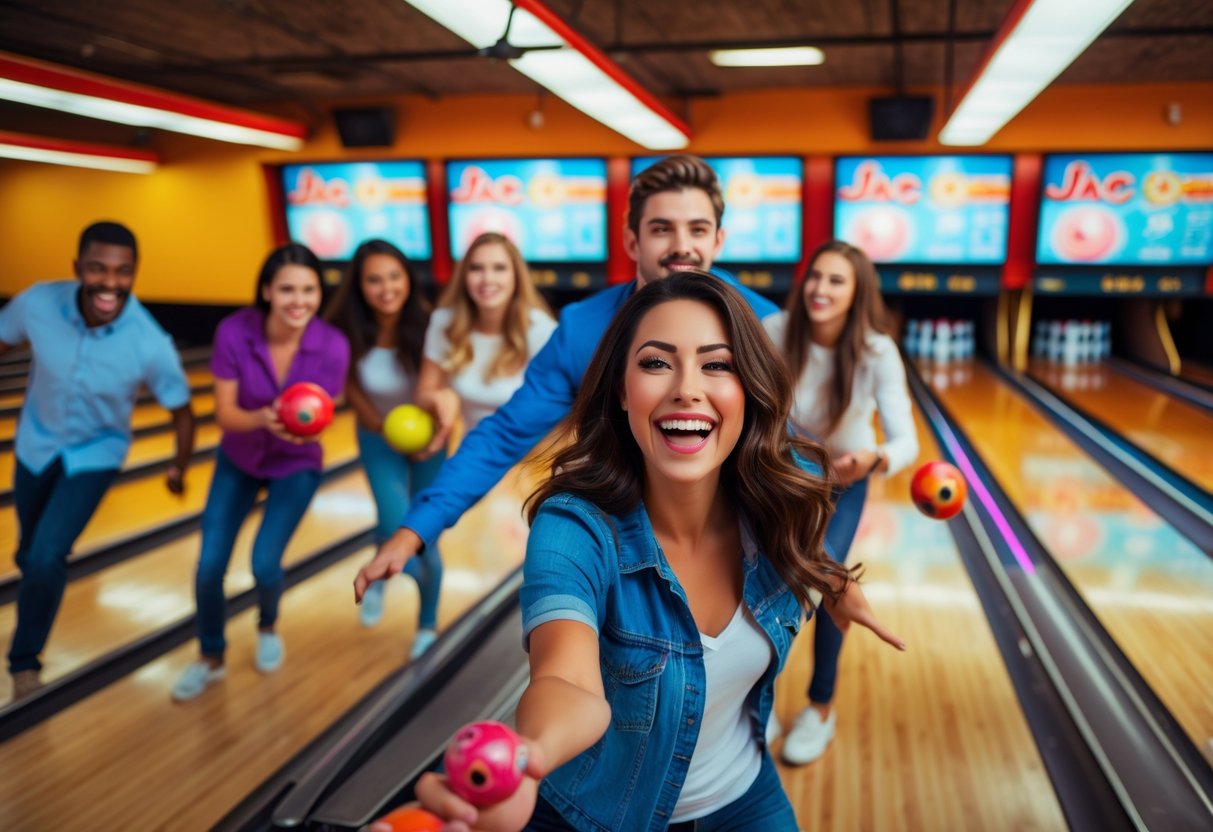 A group of young adults enjoying bowling at Jac's Bowling Lanes, with a couple bowling and others watching nearby.