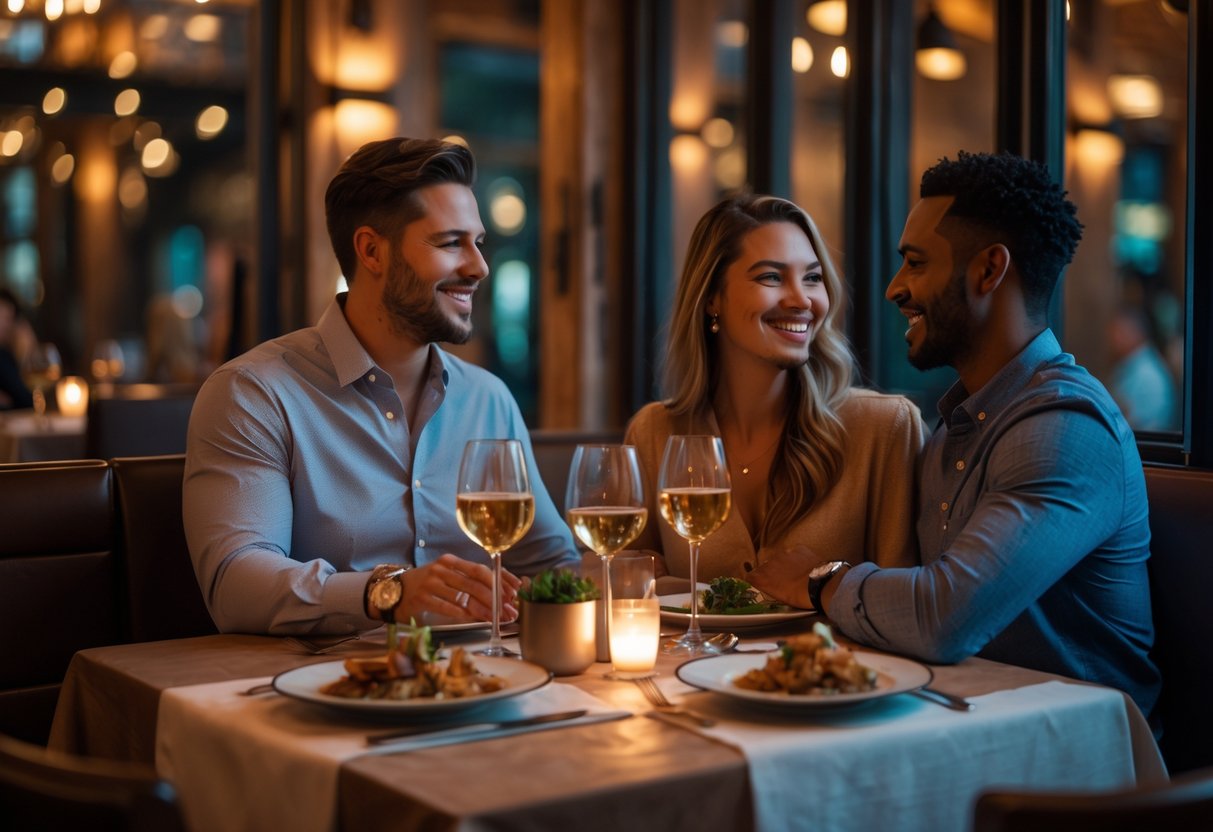 A couple enjoying a romantic dinner at a warmly lit restaurant with rustic decor and Southern-inspired dishes on the table.