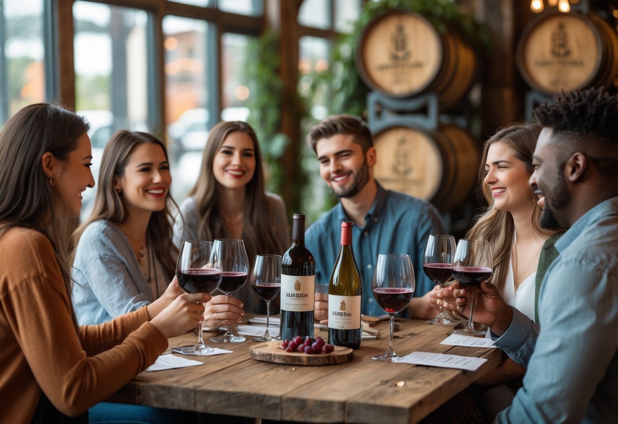 A group of people tasting wine together around a wooden table inside a brewery.
