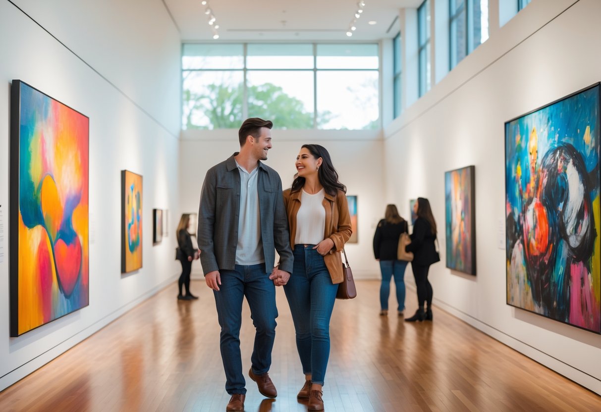 A young couple admiring artwork inside a bright, modern art museum gallery.