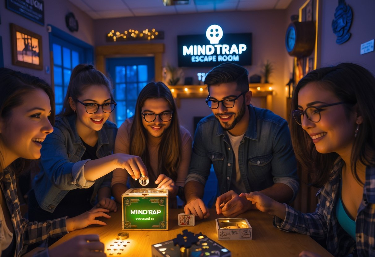 Four friends working together to solve puzzles in an escape room with themed decorations and warm lighting.
