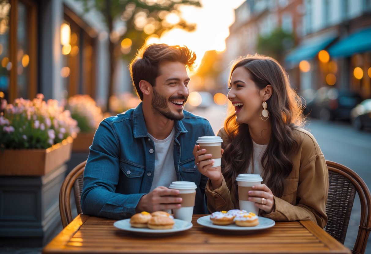 A young couple smiling and talking at an outdoor café table on a sunny day.