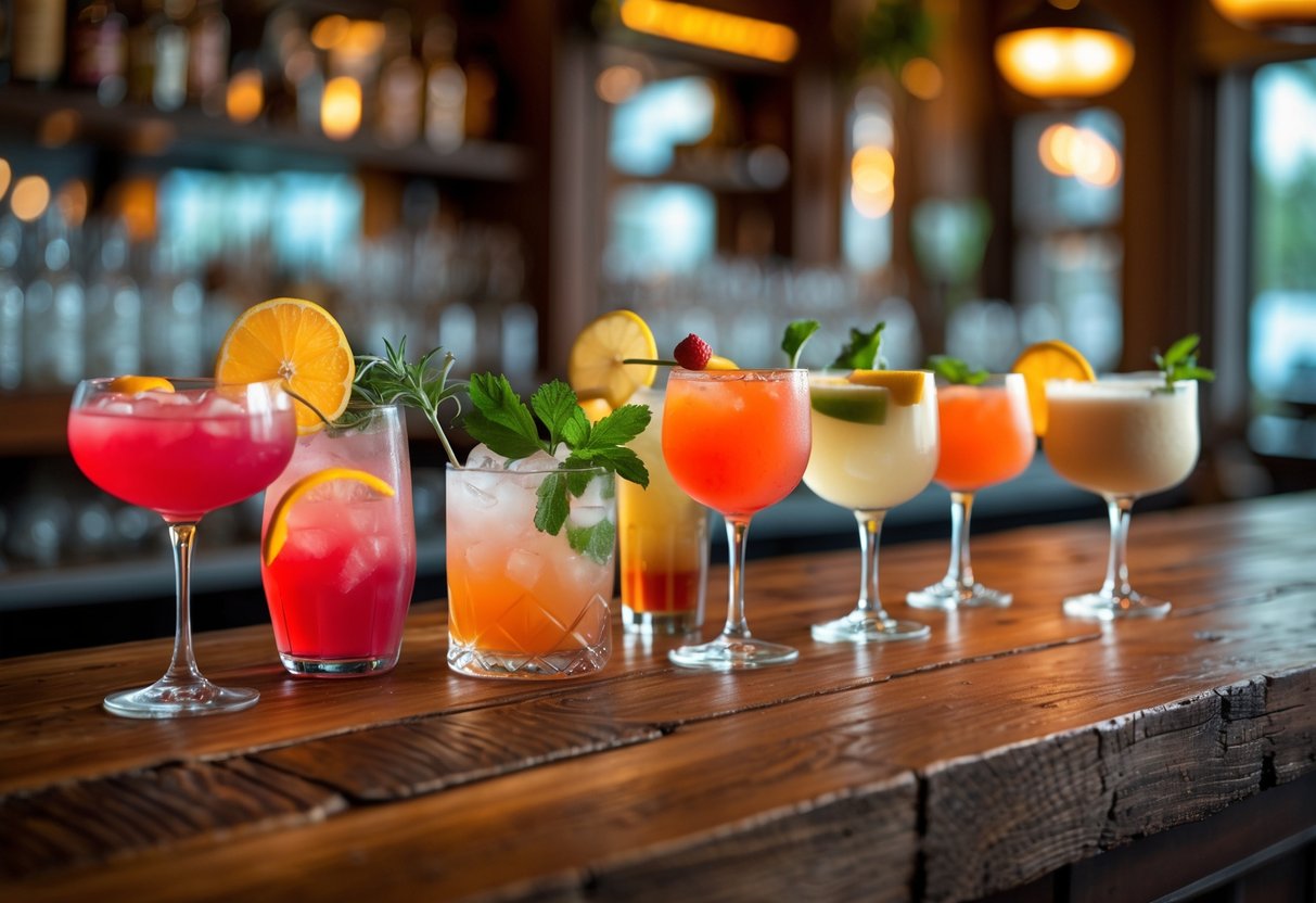 A wooden bar table with several colorful cocktails in different glasses inside a warm, inviting bar.