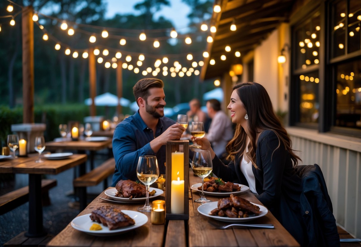 A couple enjoying a romantic dinner outdoors at a barbecue restaurant with warm lighting and rustic decor.