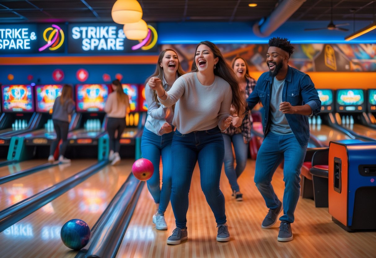 A couple enjoying bowling and arcade games at a lively bowling alley with colorful lights and other people playing in the background.