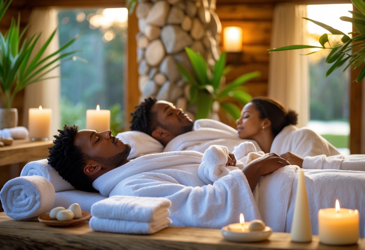 A couple wearing white robes enjoying a relaxing spa treatment together in a calm, softly lit room with natural decor.