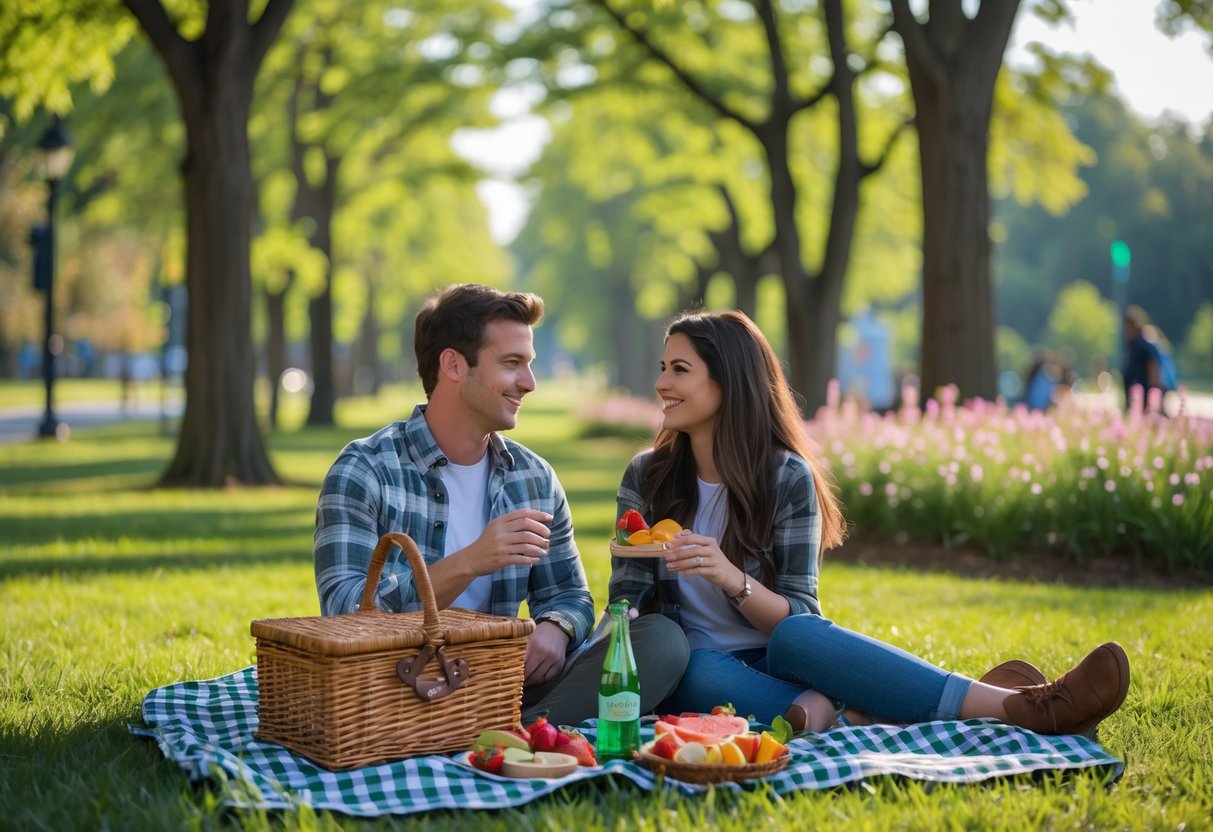 A young couple enjoying a picnic on a blanket in a green park surrounded by trees and flowers.