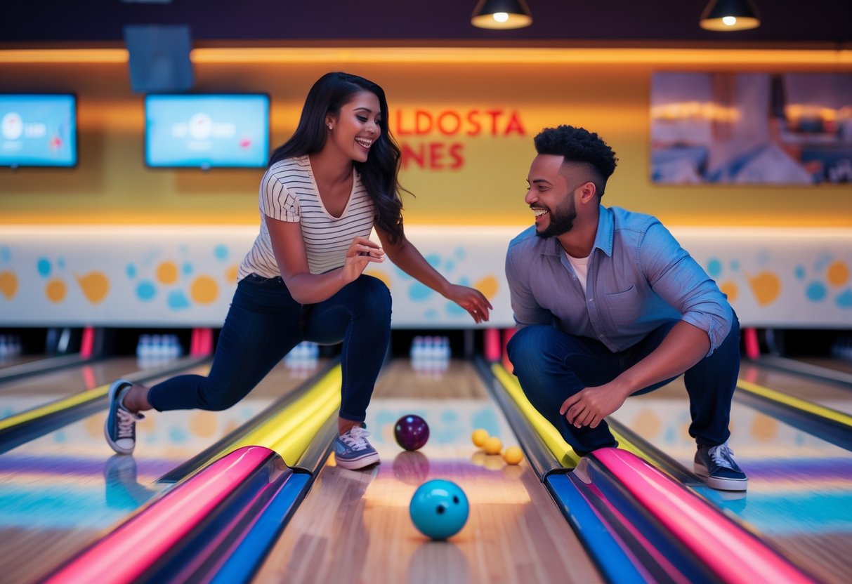 A young couple playing mini bowling together in a brightly lit bowling alley, smiling and enjoying their time.