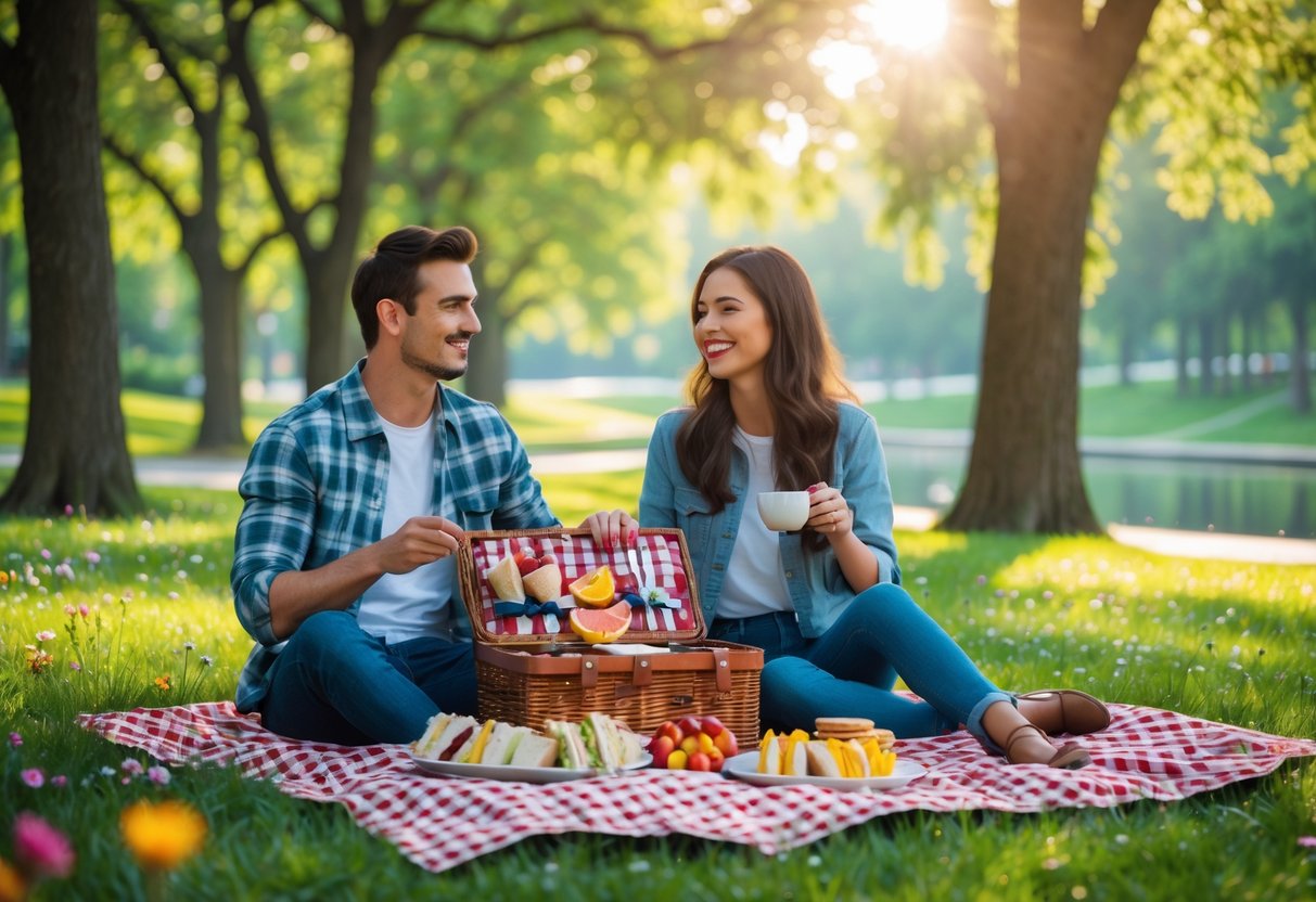 A young couple enjoying a picnic on a blanket in a scenic park with trees, flowers, and homemade snacks.