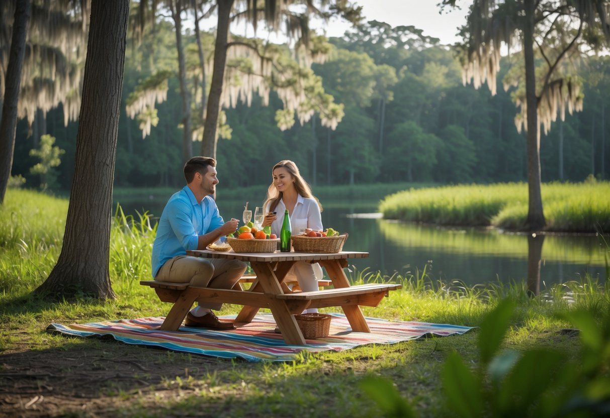 Two people enjoying a picnic at a wooden table surrounded by trees and greenery near a calm body of water.