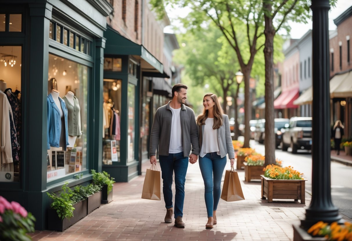 A young couple walking hand in hand while shopping on a tree-lined Main Street with boutiques and outdoor cafés.