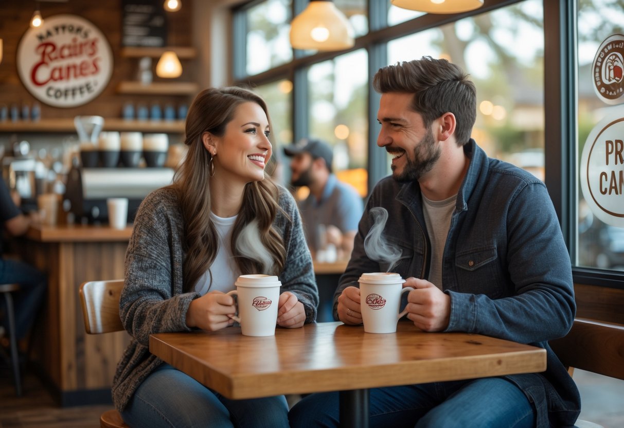 A young couple enjoying coffee together at a cozy coffee shop table.