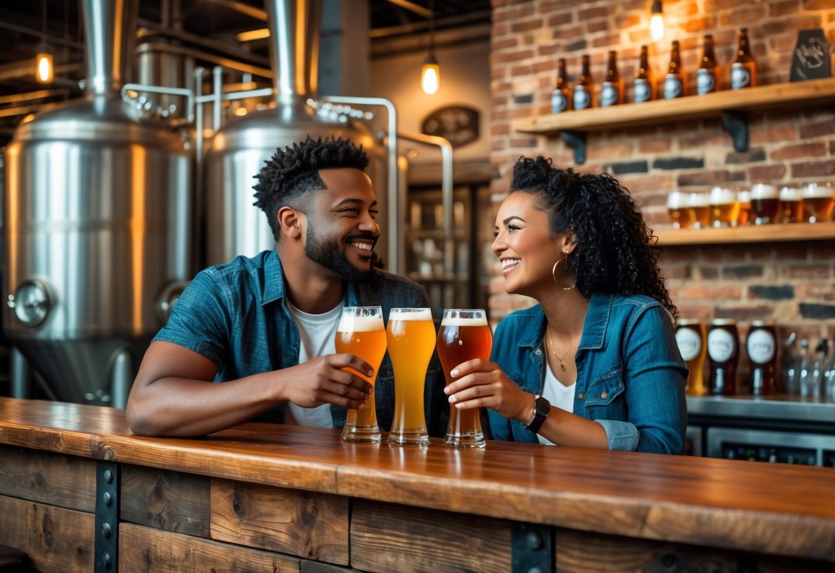 A young couple tasting craft beers together at a brewery bar with brewing tanks in the background.