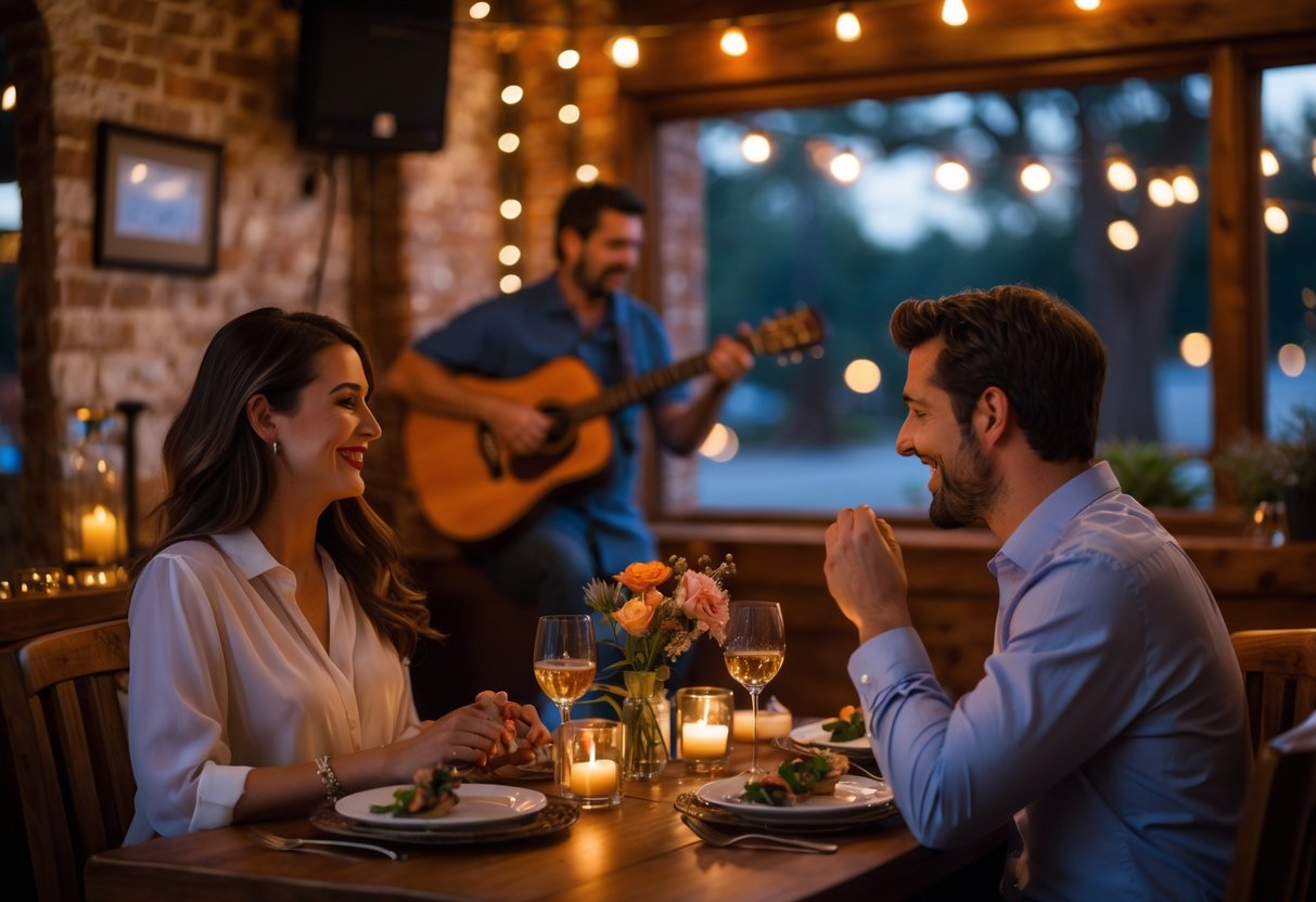 A couple dining at a candlelit table in a cozy restaurant with a musician playing guitar on a small stage in the background.