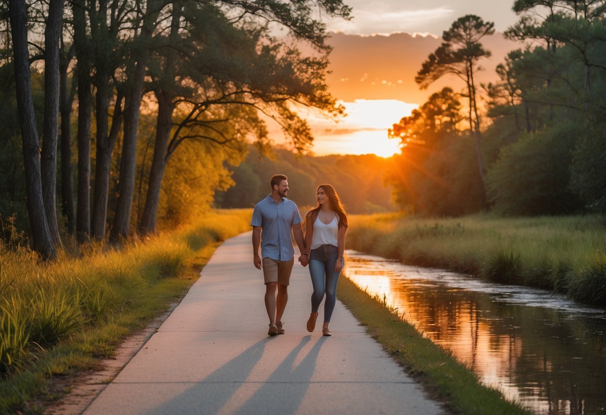A couple walking hand-in-hand on a tree-lined trail at sunset with colorful sky and greenery around.