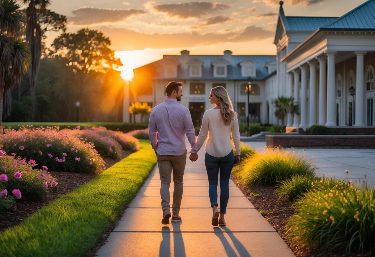 A couple walking hand-in-hand on a garden path near an art center during a colorful sunset.