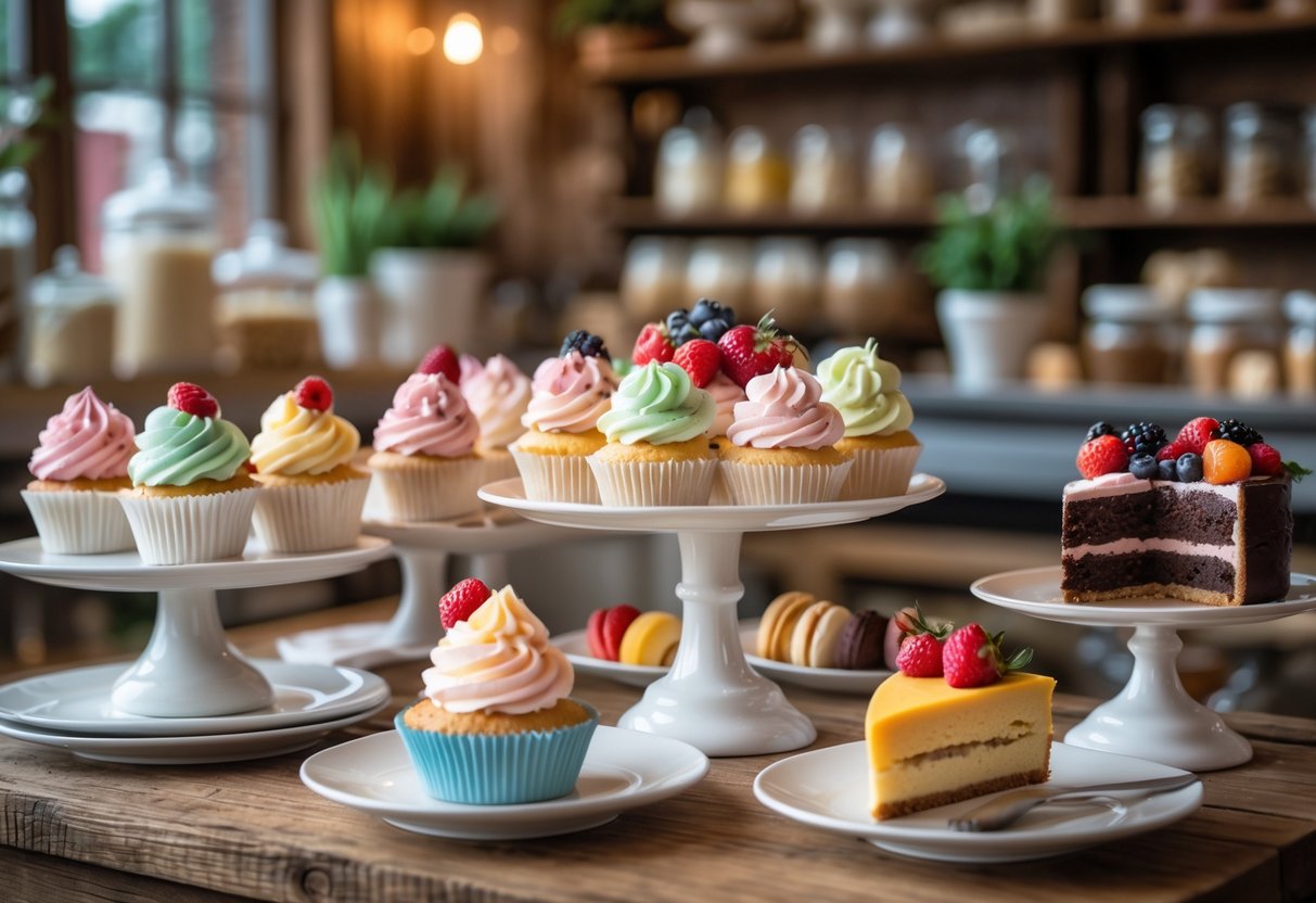 A variety of colorful desserts displayed on plates and stands inside a cozy bakery setting.