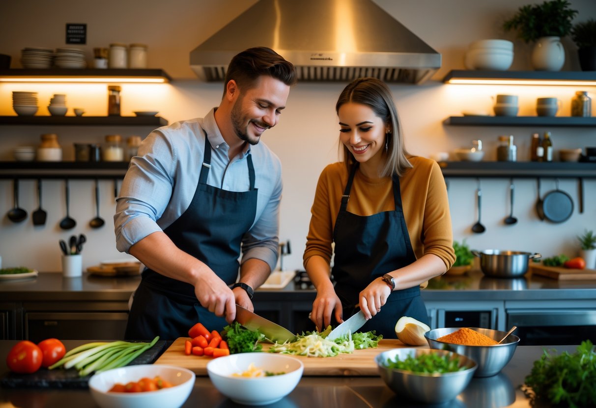 A couple cooking together in a modern kitchen studio, preparing a meal and smiling.
