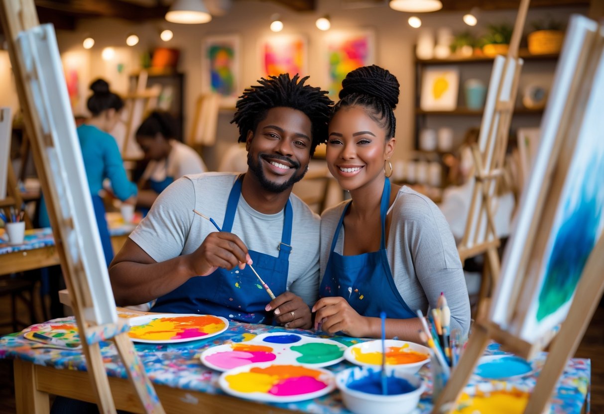 A couple painting together at an art studio, smiling and enjoying their activity with painting supplies around them.