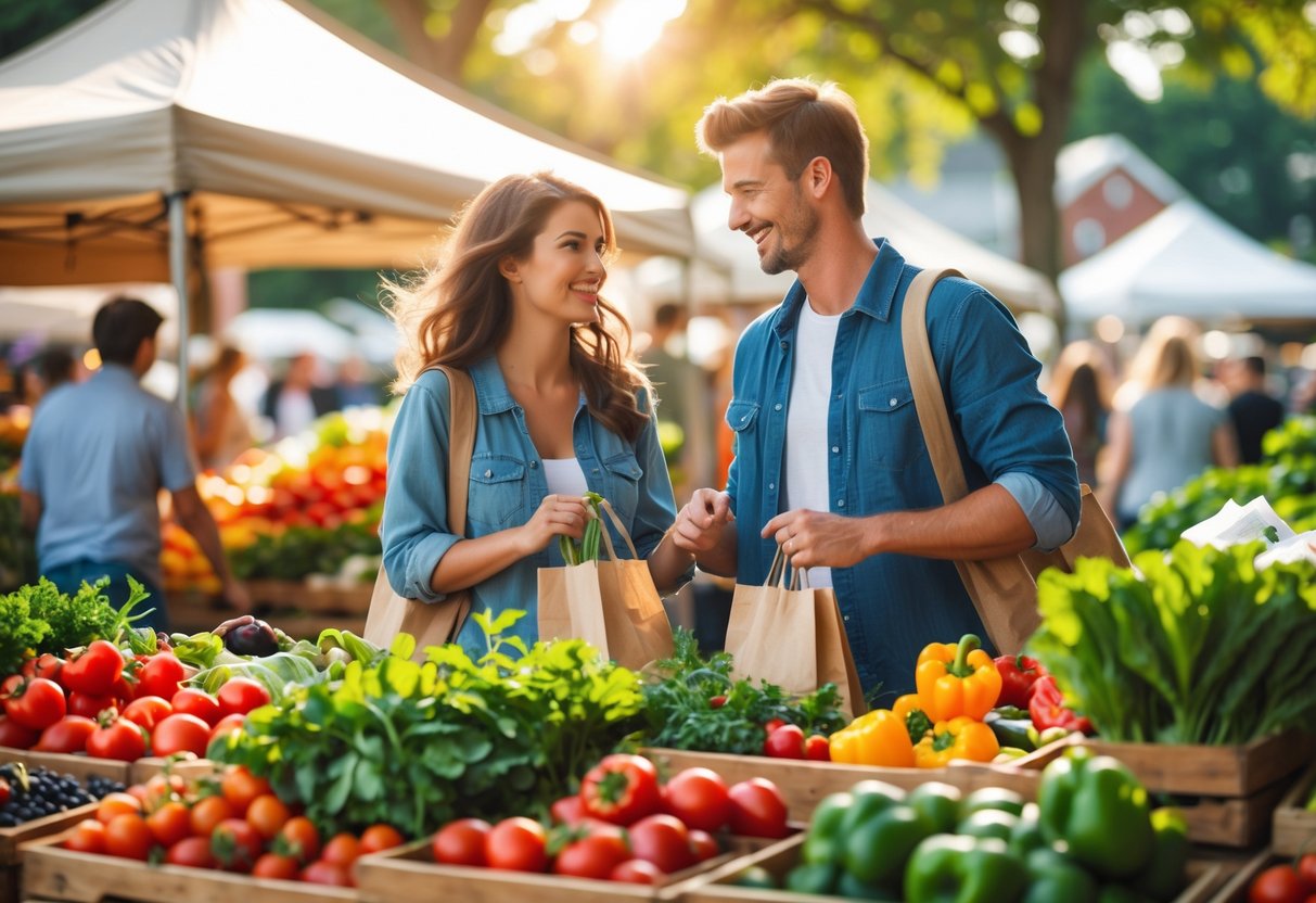 A young couple picking fresh vegetables and fruits together at an outdoor farmer's market.