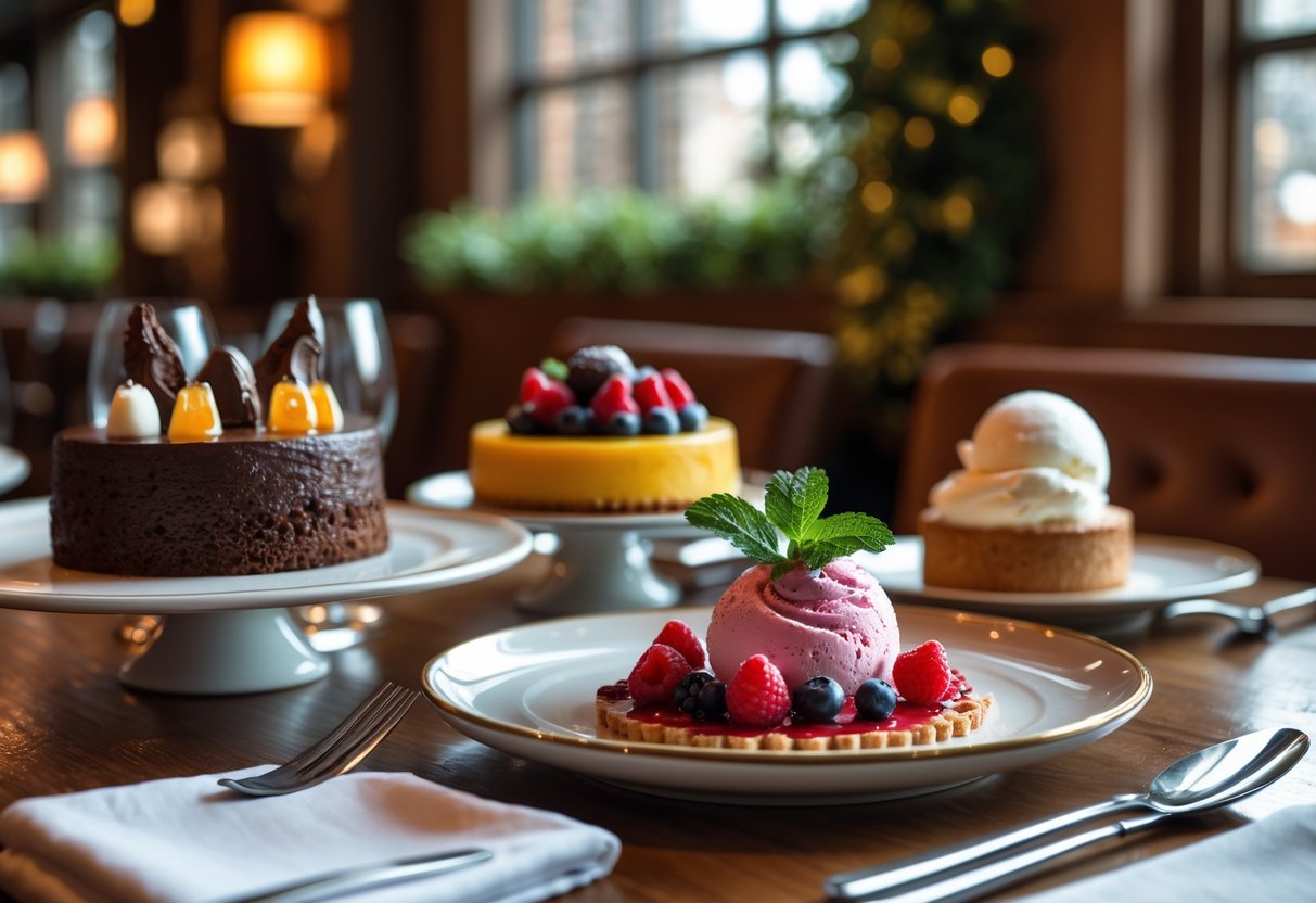 A table with assorted desserts including chocolate cake, fruit tart, and ice cream at a cozy restaurant setting.