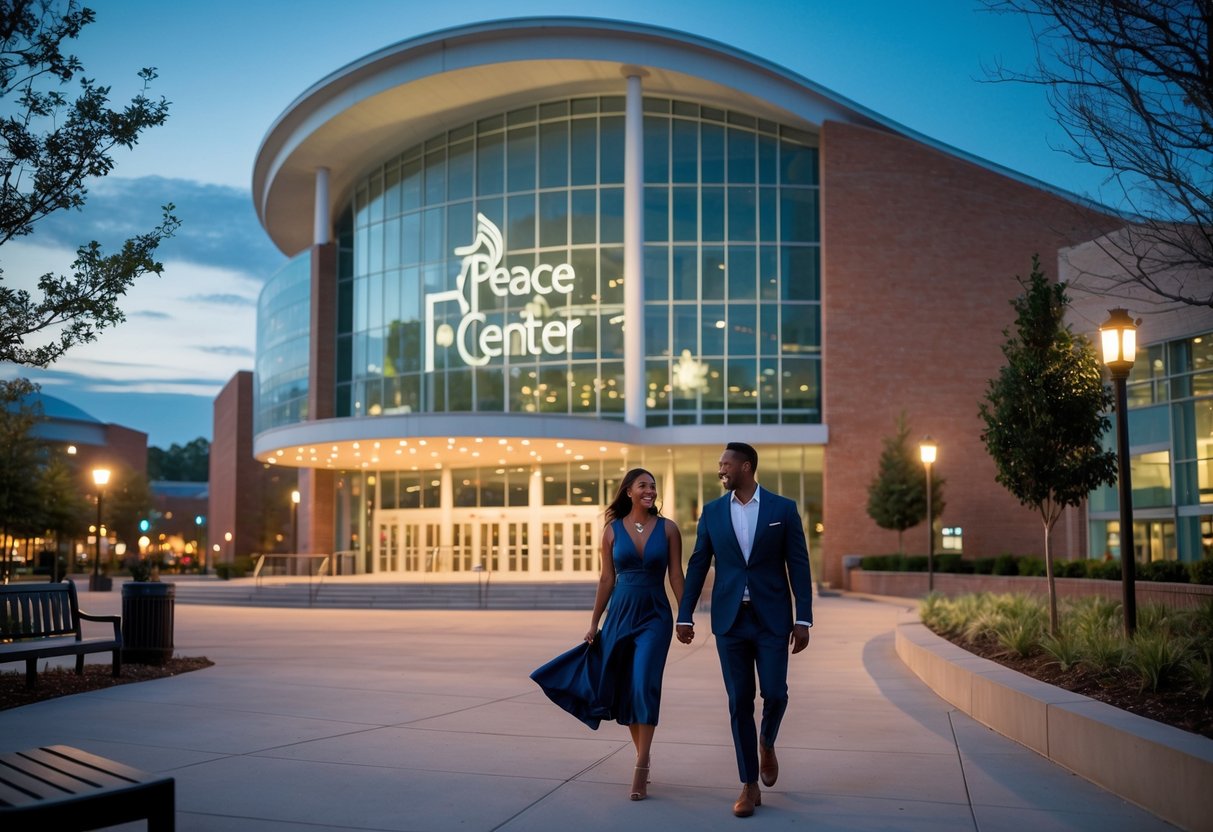 A couple dressed for an evening date standing outside the Peace Center building in Greenville, South Carolina.