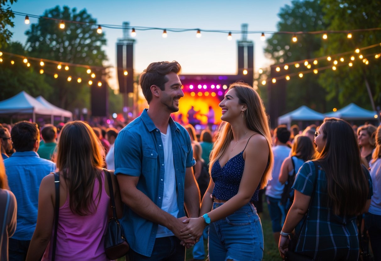A young couple enjoying a live outdoor concert surrounded by a crowd and colorful stage lights during sunset.