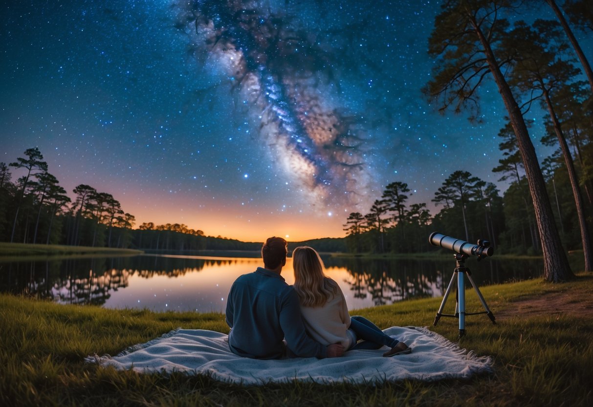 A couple sitting on a blanket in a park at night, looking up at a clear starry sky with trees and a lake in the background.
