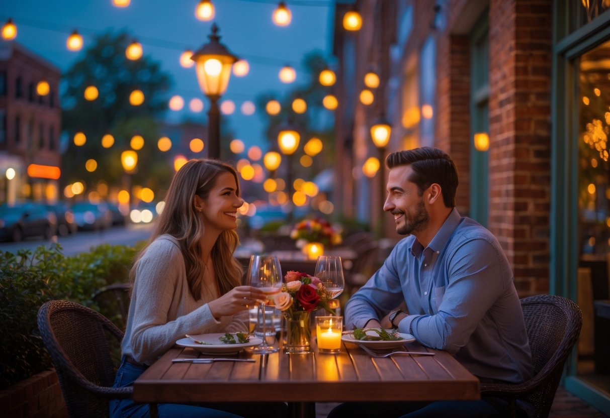 A couple enjoying an outdoor dinner together on a warmly lit restaurant patio in Greenville at night.