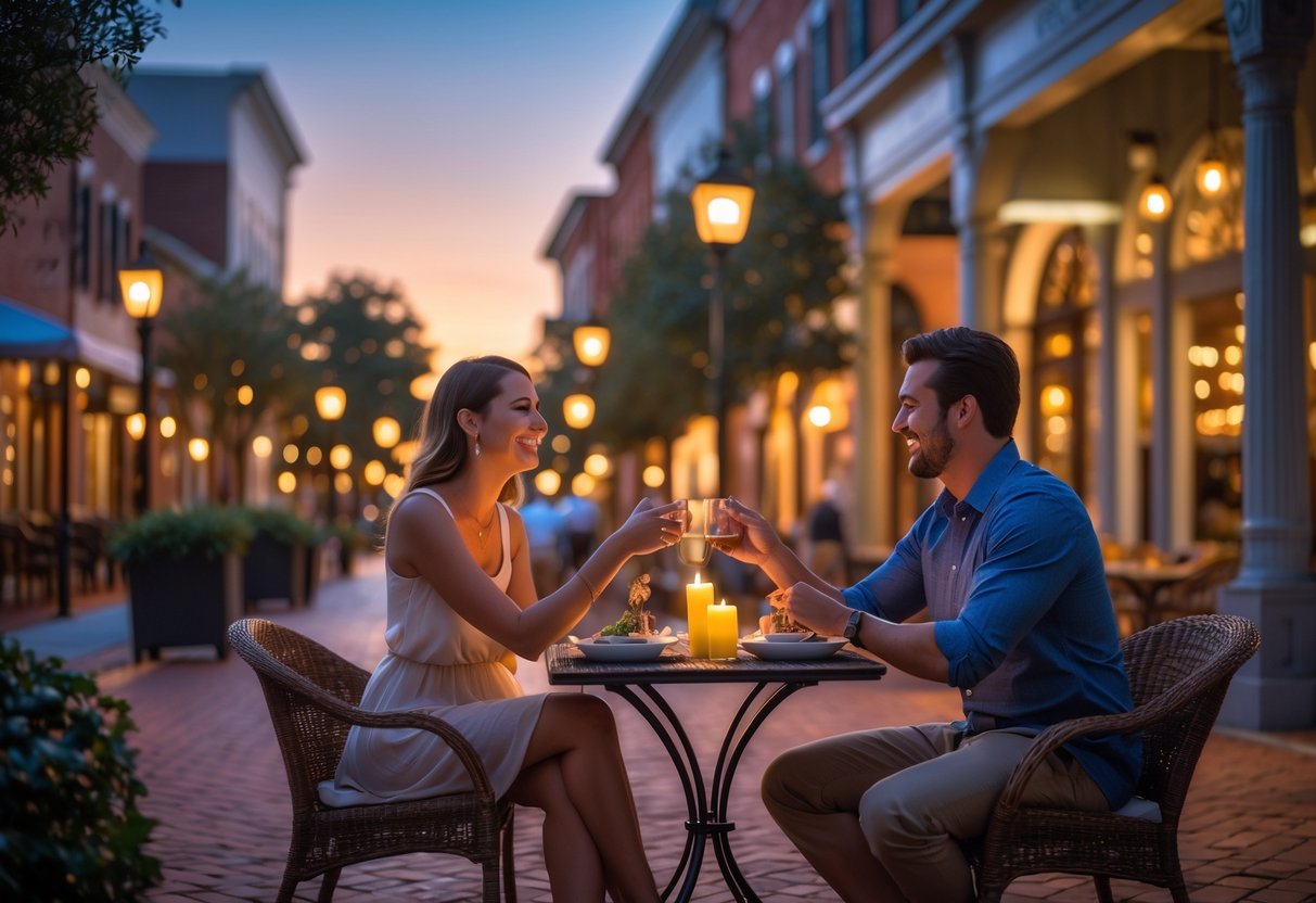 A couple enjoying a romantic outdoor dinner at a cozy sidewalk cafe in a charming downtown area during dusk.