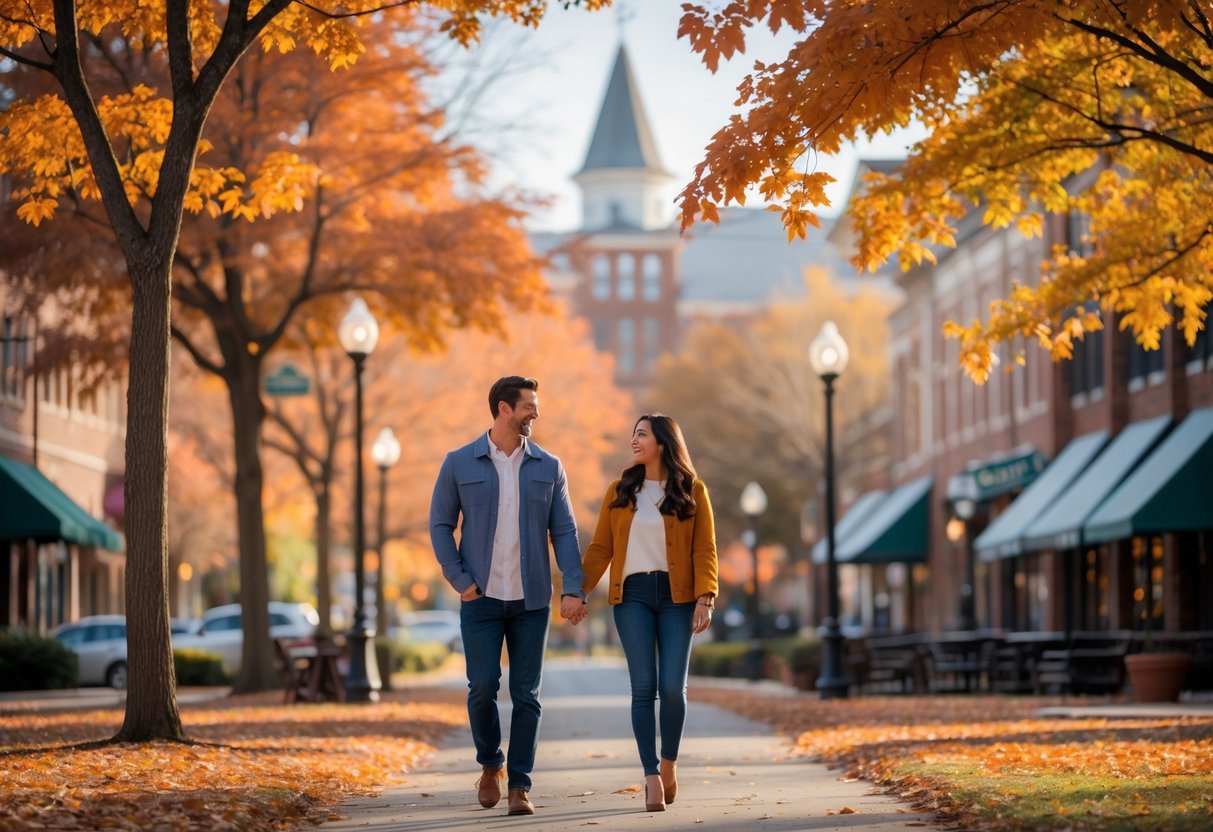 A couple walking hand in hand along a tree-lined path with colorful fall leaves and downtown Greenville buildings in the background.