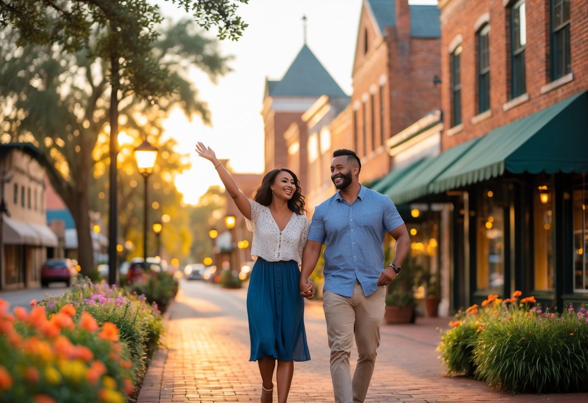 A smiling couple walking hand-in-hand through a charming downtown area with trees and flowers around them.