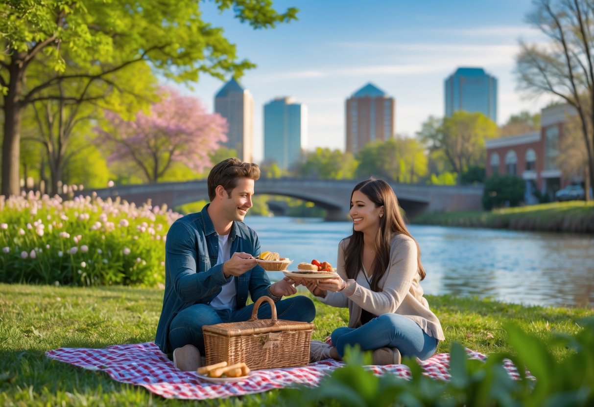 A young couple enjoying a picnic together in a green park near a river with city buildings in the background.